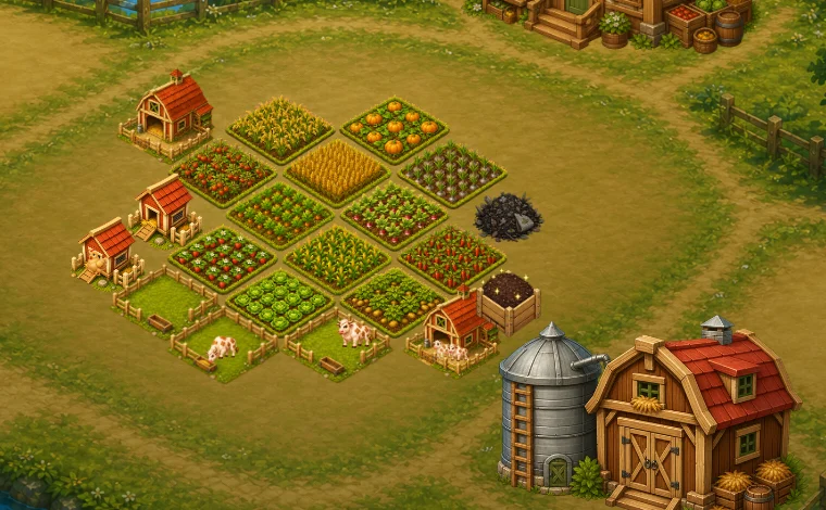 A close view of harvest-ready plots, chickens, cattle, storage, and barns in Farm Game