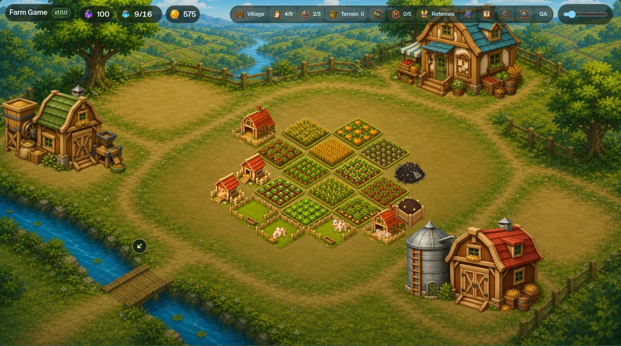 A thriving Farm Game farm with crop fields, animals, and production buildings