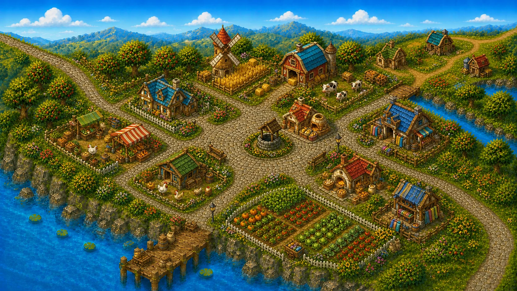 Illustration of a lively Farm Game village with homes, workshops, fields, and market stalls